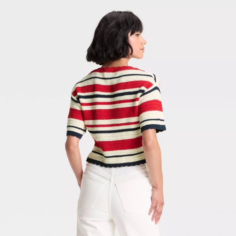 Universal Thread Women's Crewneck Knit Pullover Sweater Red/Navy/Cream Striped - Picture 2 of 6